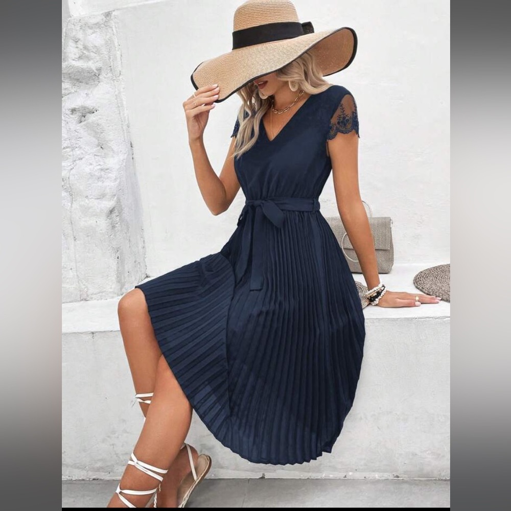 SHEIN LUNE Embroidery Mesh Pleated Hem Dress